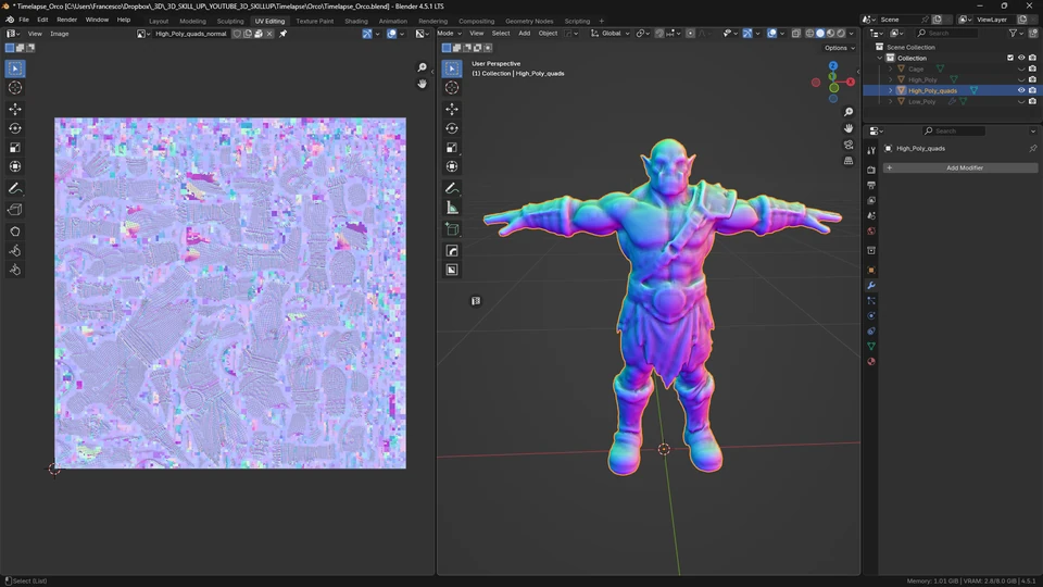 Blender UV Editing workspace showing the orc normal map beneath UV islands and the remeshed character displaying normal-map colors in the viewport.
