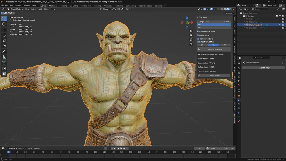 Close-up of the remeshed orc in Blender with orange wireframe edges across the face, chest, shoulder armor and upper arms.