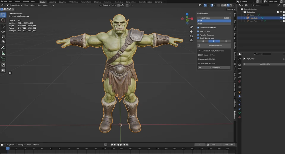 High-poly textured orc in Blender with viewport statistics showing 1,987,322 triangles and the QuadMend sidebar open.