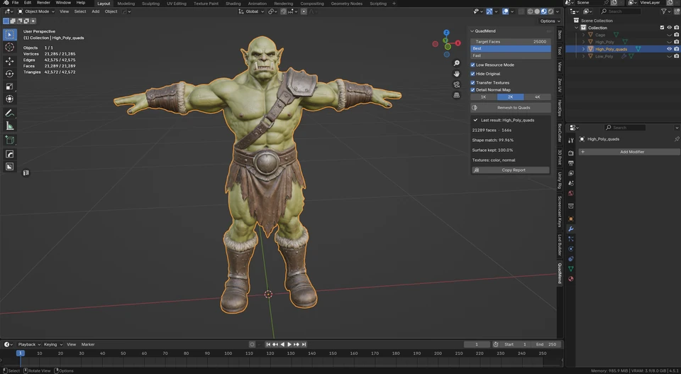 Textured QuadMend orc result in Blender showing 21,289 faces, 42,572 triangles, a Target Faces setting of 25,000 and a 166-second panel result.