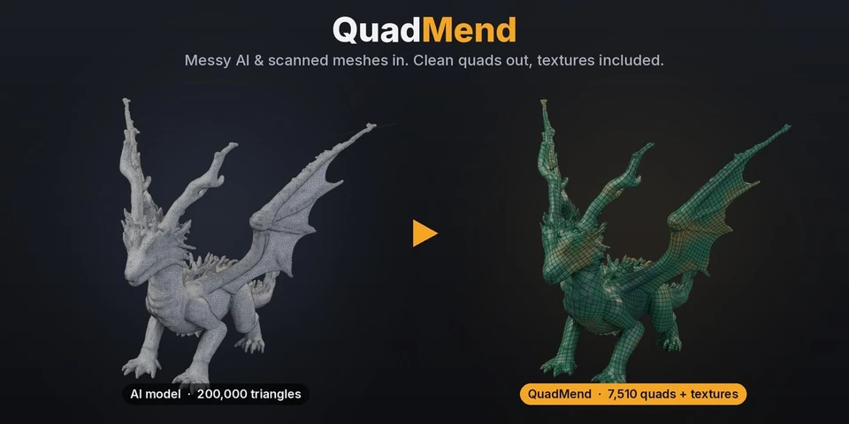 QuadMend promotional image from MendWorks comparing a dense gray dragon with a textured green dragon and visible topology.