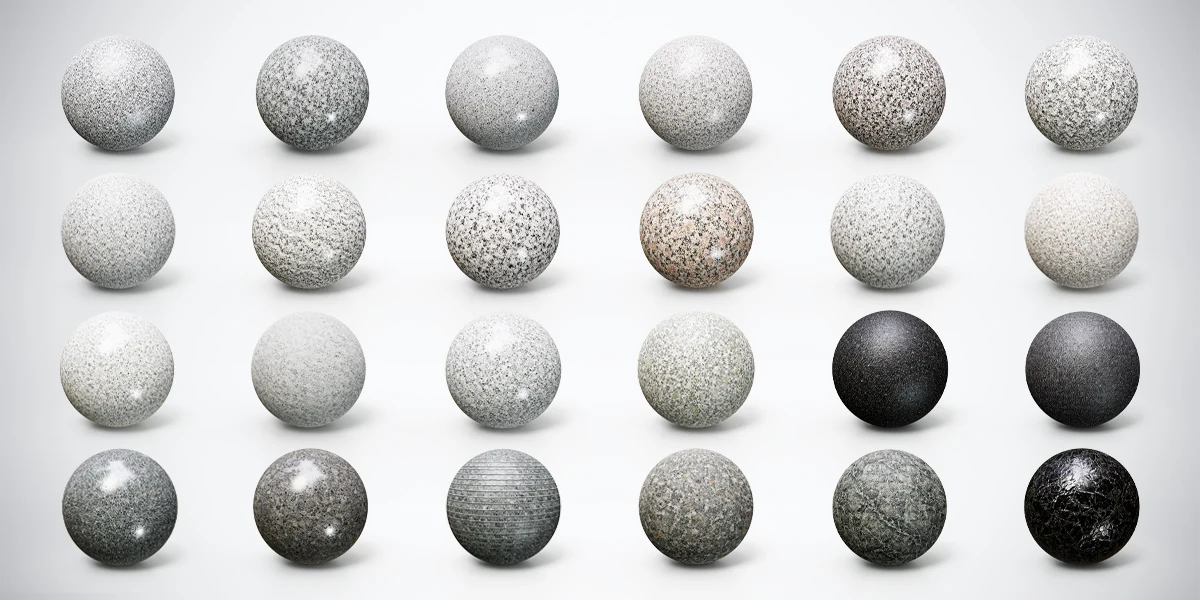 Twenty-four granite, marble and stone material spheres, from pale speckled granite to charcoal stone and dark veined marble, arranged in four rows