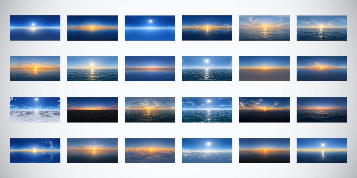 Twenty-four sky and ocean HDRI previews arranged in four rows, showing blue daylight, warm sunrise and sunset horizons, open water and cloud decks