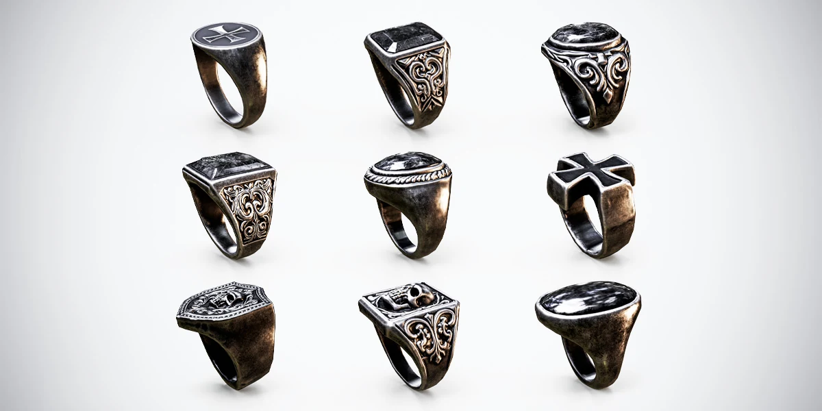Gothic signet ring 3D models with engraved metal bands and dark stone details