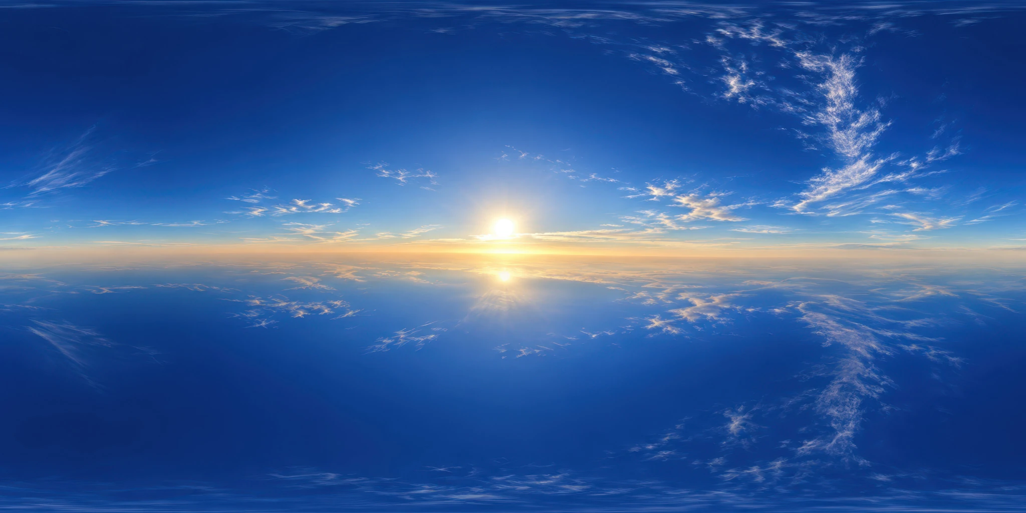 Free sky HDRI preview with wispy white clouds, a low golden sun and blue sky mirrored across a calm horizon