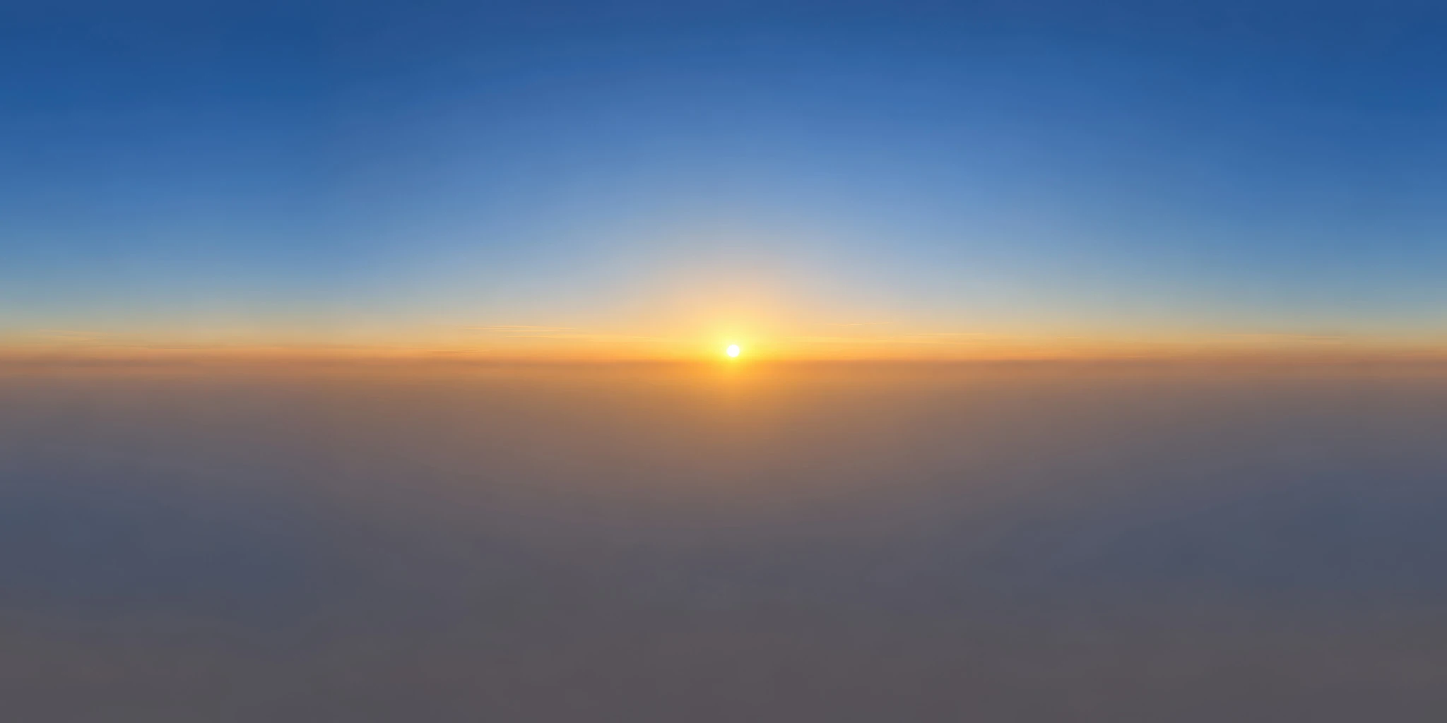 Free sunrise HDRI preview showing a low golden sun, an orange horizon band and muted blue sky fading into gray haze