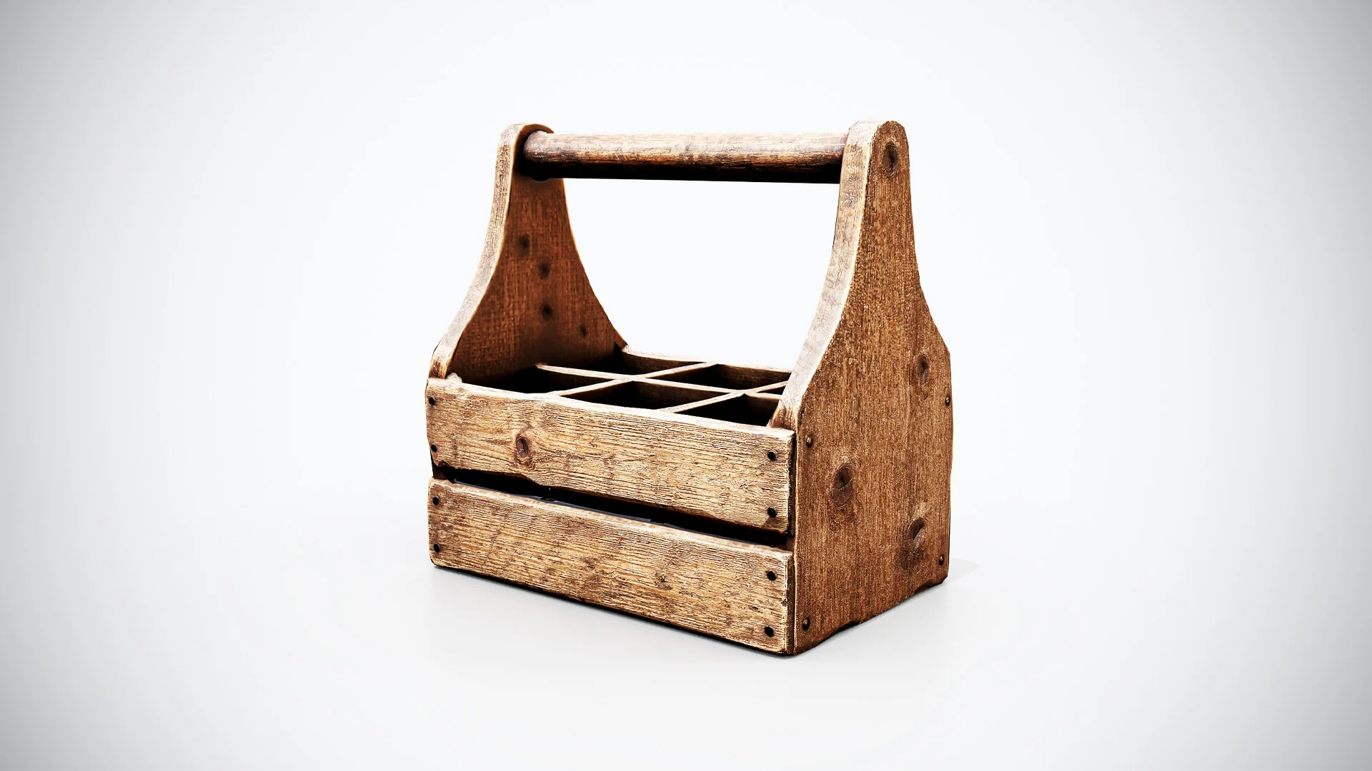 Rustic wooden tool caddy with a rounded carry handle, divided open interior, visible wood grain and dark metal fasteners