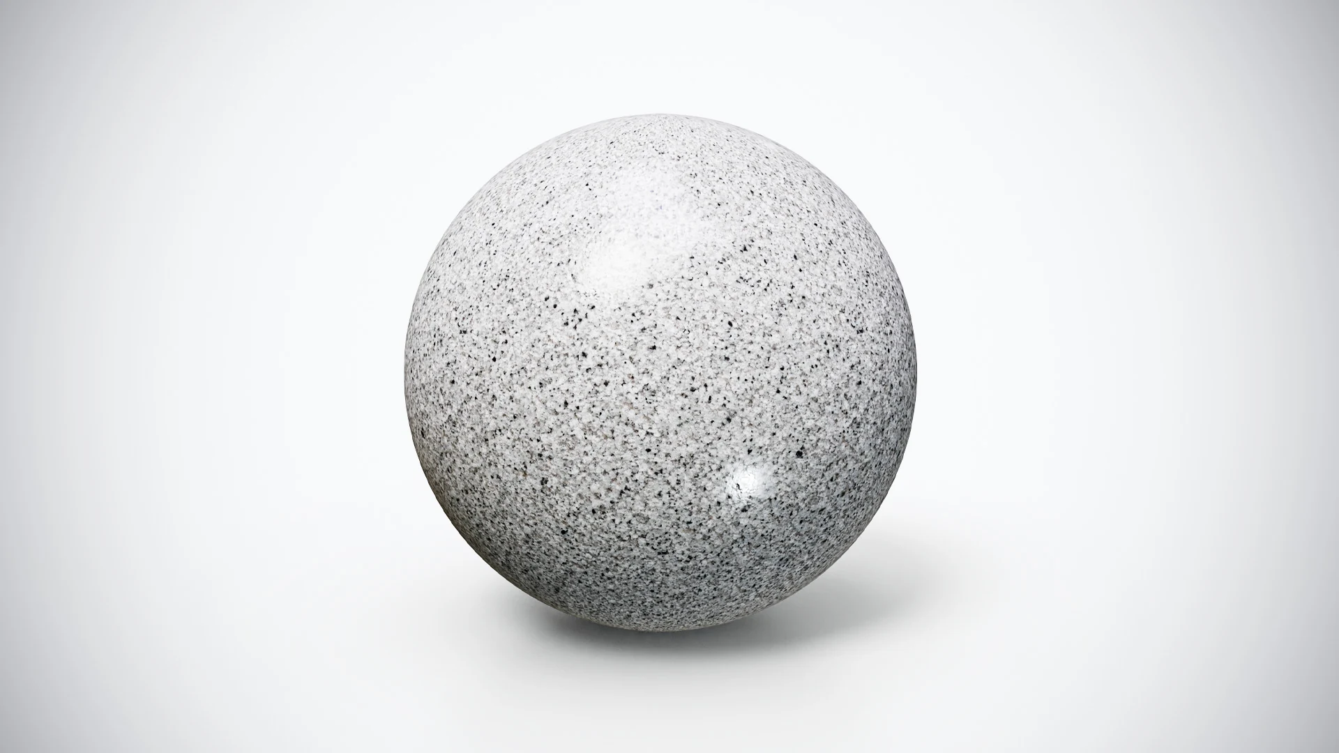 Smooth silver-gray granite PBR material on a sphere, showing a pale stone base with fine gray grain and scattered dark speckles