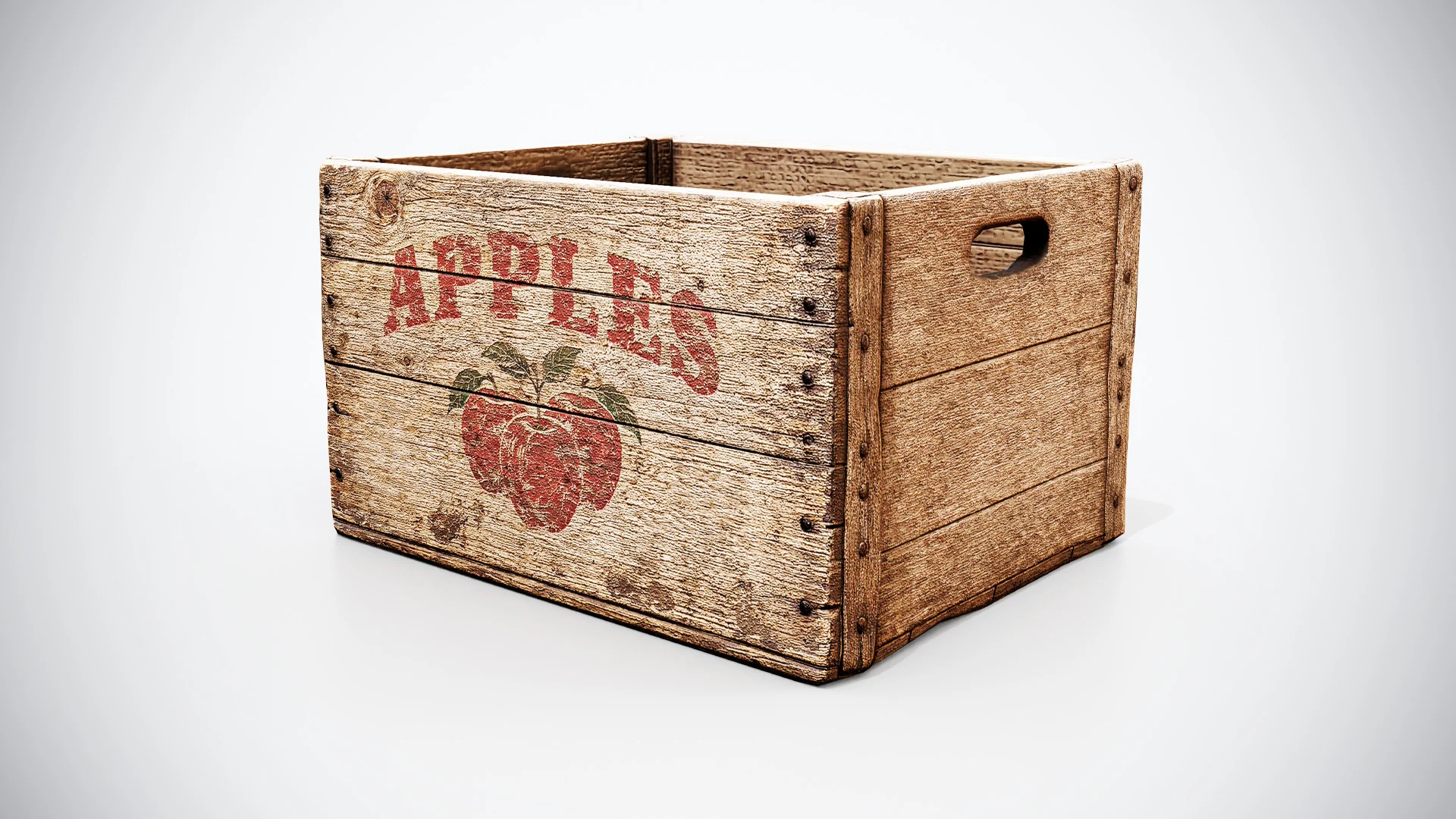 Vintage wooden apple crate with faded red apple artwork, weathered boards, metal fasteners and cut-out carrying handles
