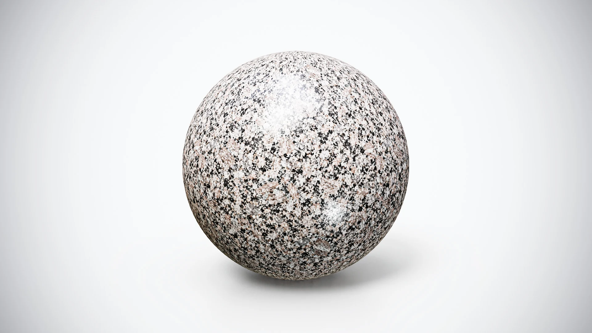 Warm pink and black granite PBR material on a sphere, with pale pink and cream grain interrupted by contrasting irregular black flecks