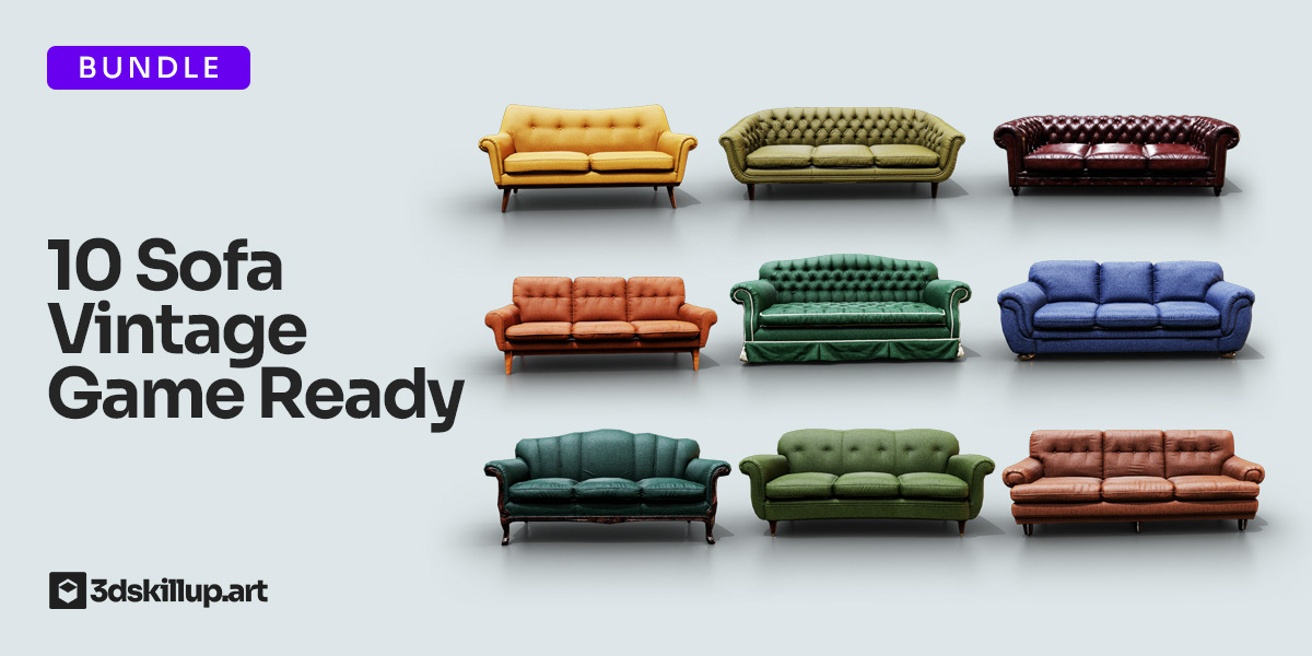 Vintage Sofa Bundle 3D Models – 10 Game Ready Sofas