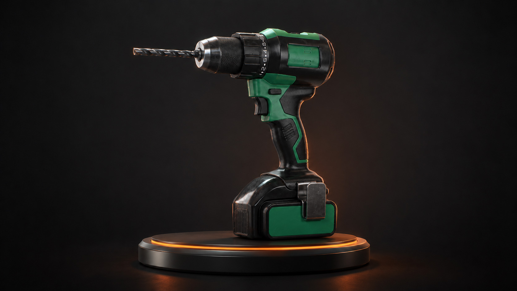 Game-ready cordless drill 3D model presented on a premium illuminated pedestal