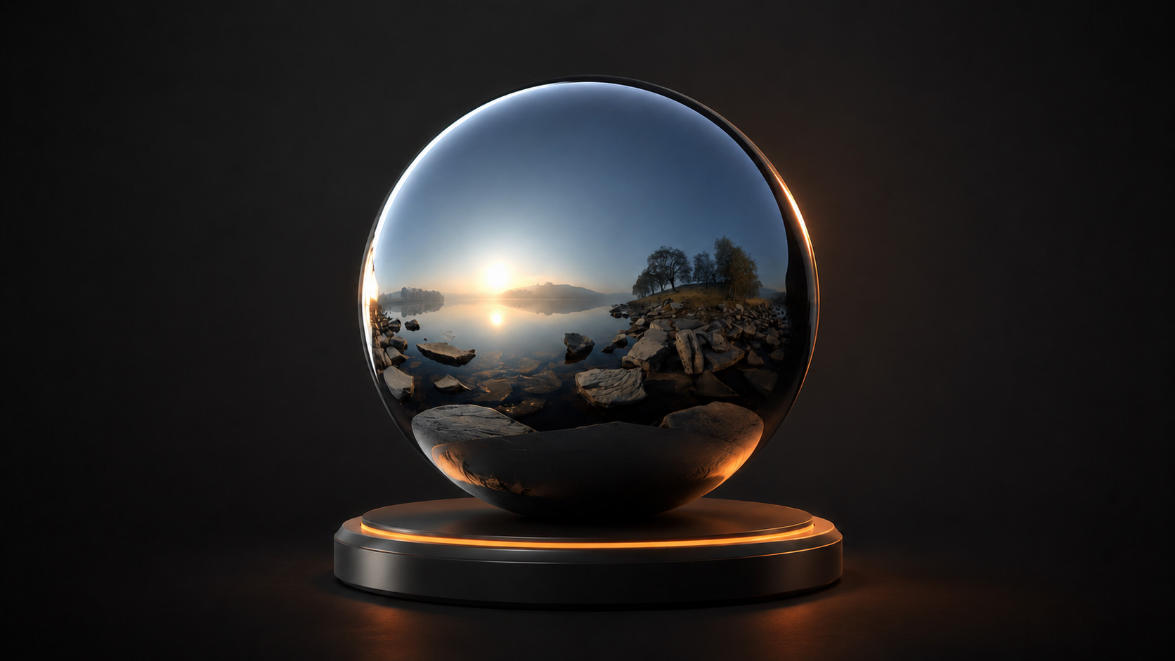 Reflective HDRI metal sphere showing lakeside sunrise lighting and environment reflections