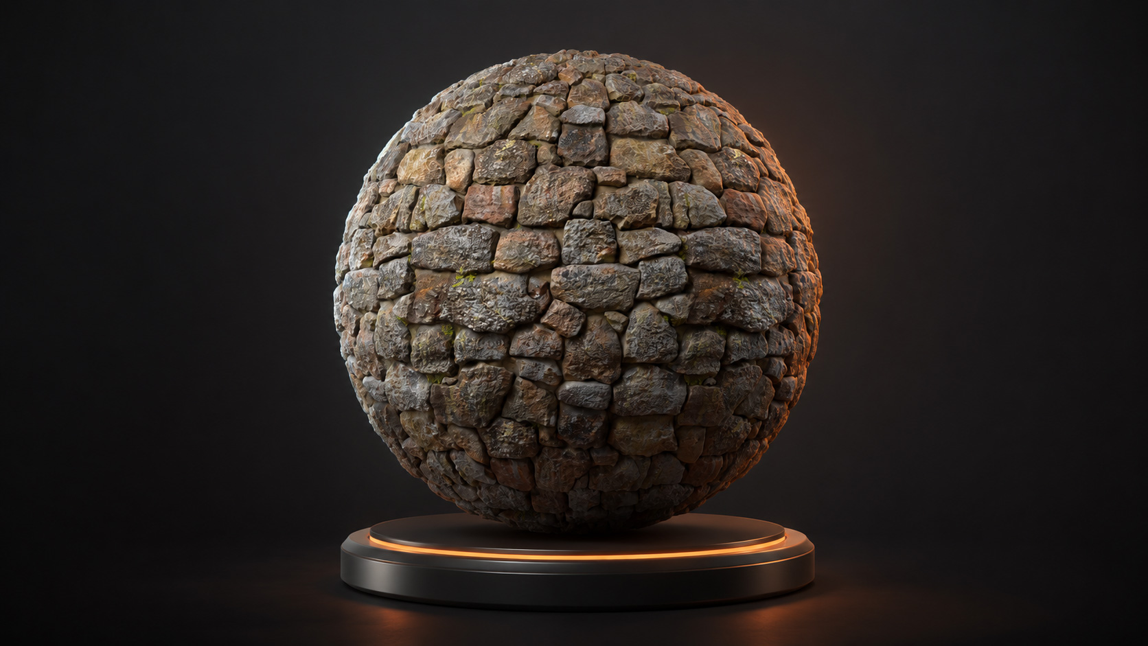 Seamless stone wall PBR material sphere presented on a premium illuminated pedestal